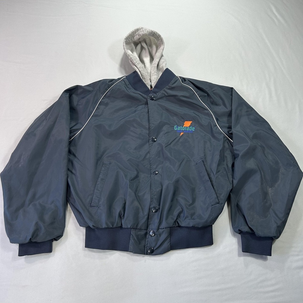 VINTAGE Gatorade Jacket Mens Medium Blue Hooded Snap Front Pla-Jac Dunbrooke 90s